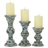 DecMode 3 Candle Light Blue Wood Candle Holder, Set