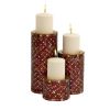 DecMode 3 Candle Red Metal Pillar Candle Holder with Mosaic Pattern, Set of 3