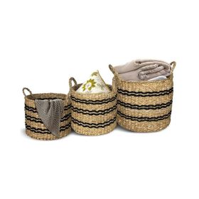 Stackable Storage Laundry Basket with Handles Set of 3 (Color: Natural, size: S)