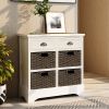 Rustic Acacia Wood Storage Cabinet with Two Drawers and Four Classic Rattan Baskets for Dining Room, Entryway, or Living Room